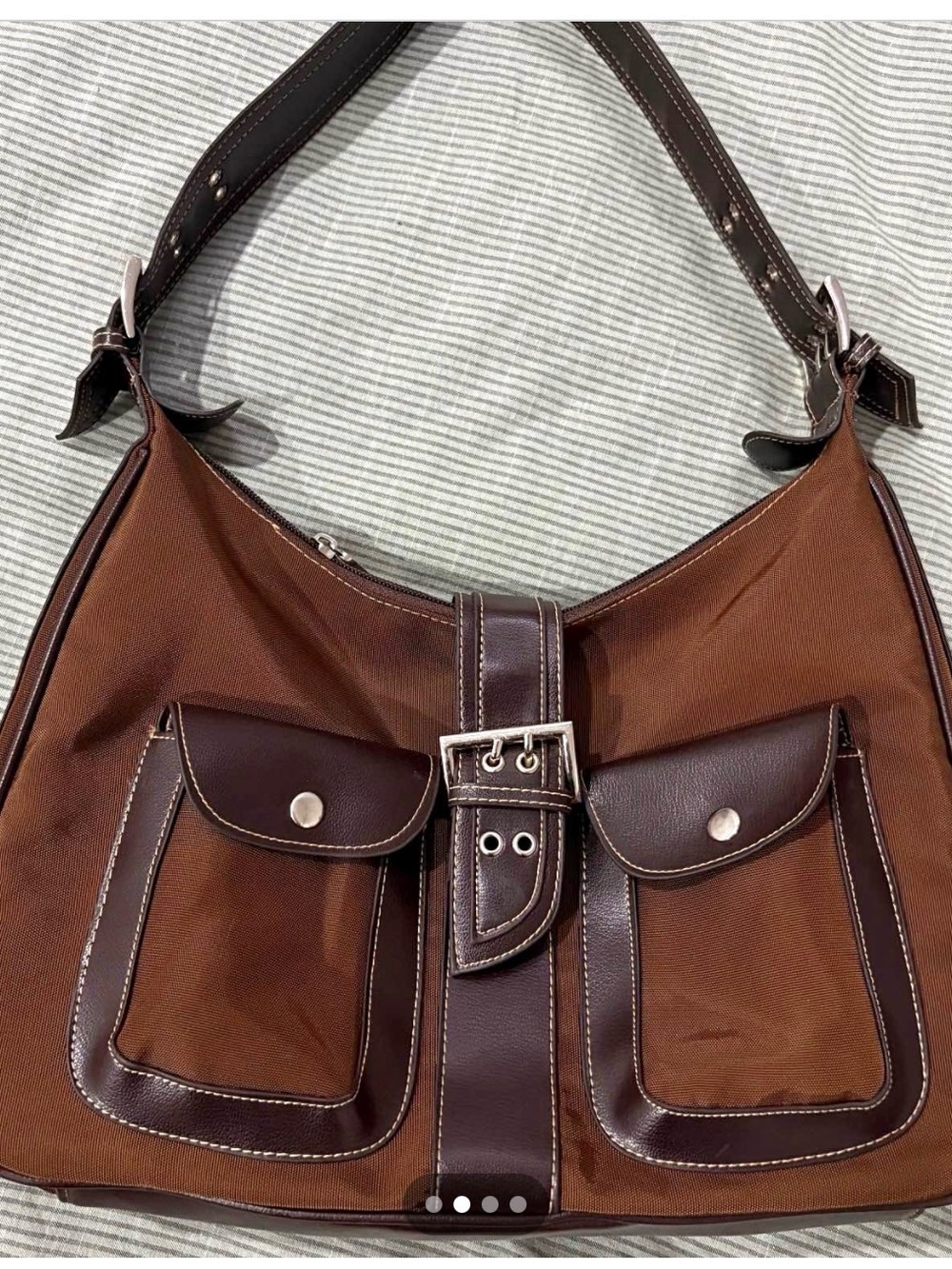Women's Brown Canvas and Leather Pocket Shoulder Bag